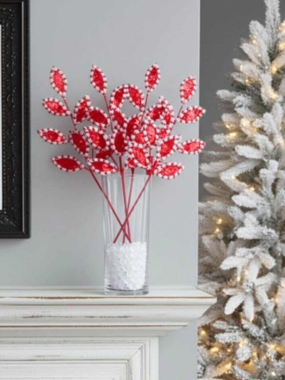Regency Candy Cane Leaf with Snow Glitter Spray Pick Stem Christmas Accent
